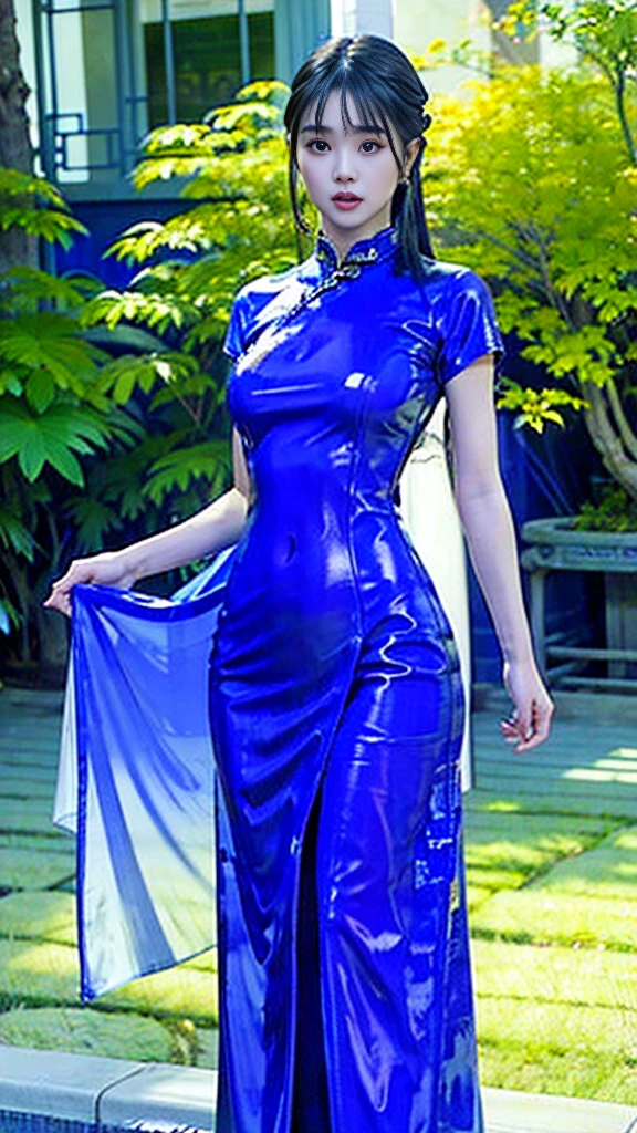 ((High Resolution)), ((Lighting and Color)), ((masterpiece)), ((Focus and Clarity)), ((Exposure Correction)), ((sitting crossing legs))Imagine a woman of dazzling beauty, with straight black hair that shines under the light. Her deep and enigmatic blue eyes capture the attention of those around her. She wears a comfortable business suit: a fitted blazer and skirt that elegantly accentuate her figure. Every detail of her outfit reflects a perfect combination of glamor and professionalism, making her presence as imposing as it is captivating.