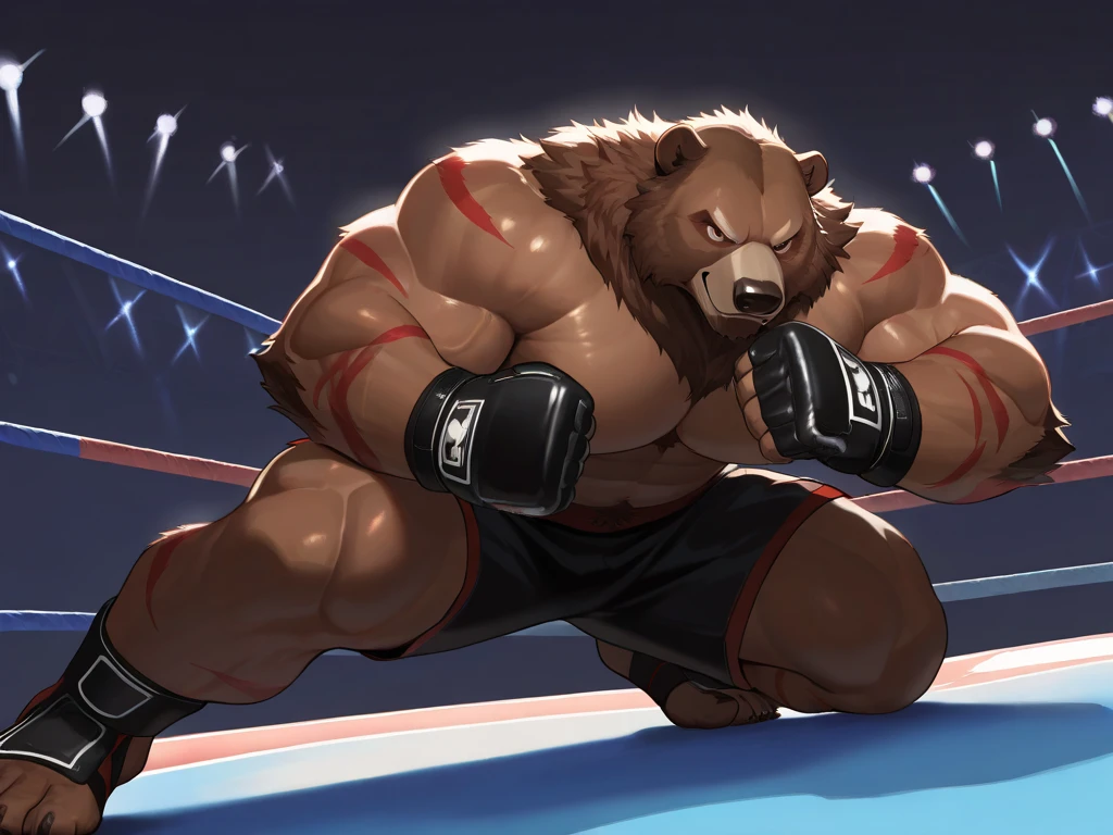 ((masterpiece, best quality)),solo, 1bear, solo, baloo, huge thick muscular, black gym shorts, black tank top, black eyes, furry, bear, no humans, gymnasium, cable crossover machine set, pulling the cables, growling and grunting, being super strong