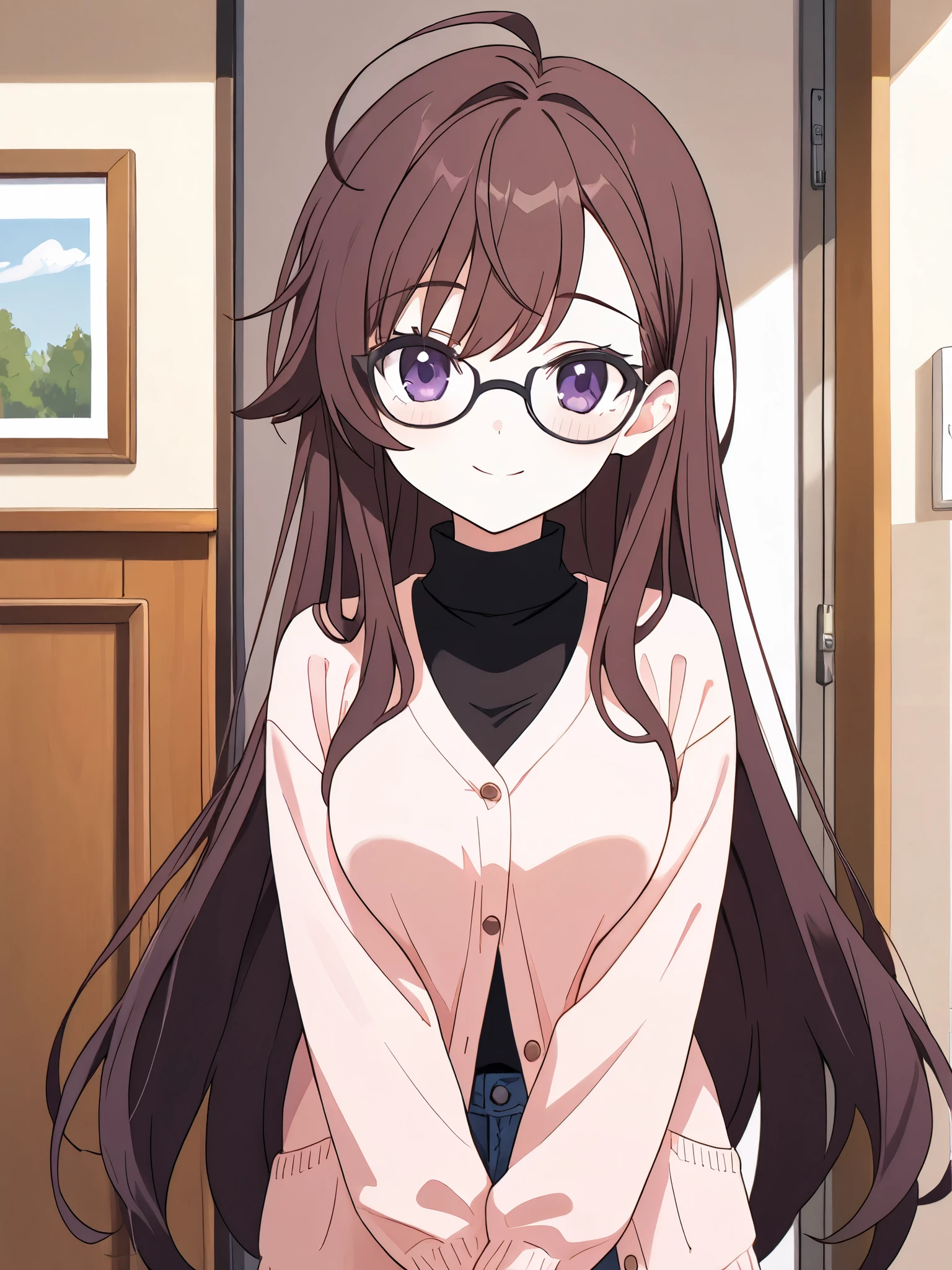 ung girl, solo, looking at viewer, white skin girl:1.6, (dark brown long fluffy hair:1.4, side swept parted hair bangs, ahoge), highschool girl, very short girl, slender body, medium breasts, detailed face, neutral expression, dark purple eyes, black square glasses, smile, anime, 8K, HDR, studio lighting, portrait photo, warm color palette, natural lighting, detailed background, infront of apartment door, outdoors, apartment, cute pose, serene, black turtleneck, long sleeves, light pink open cardigan, jeans