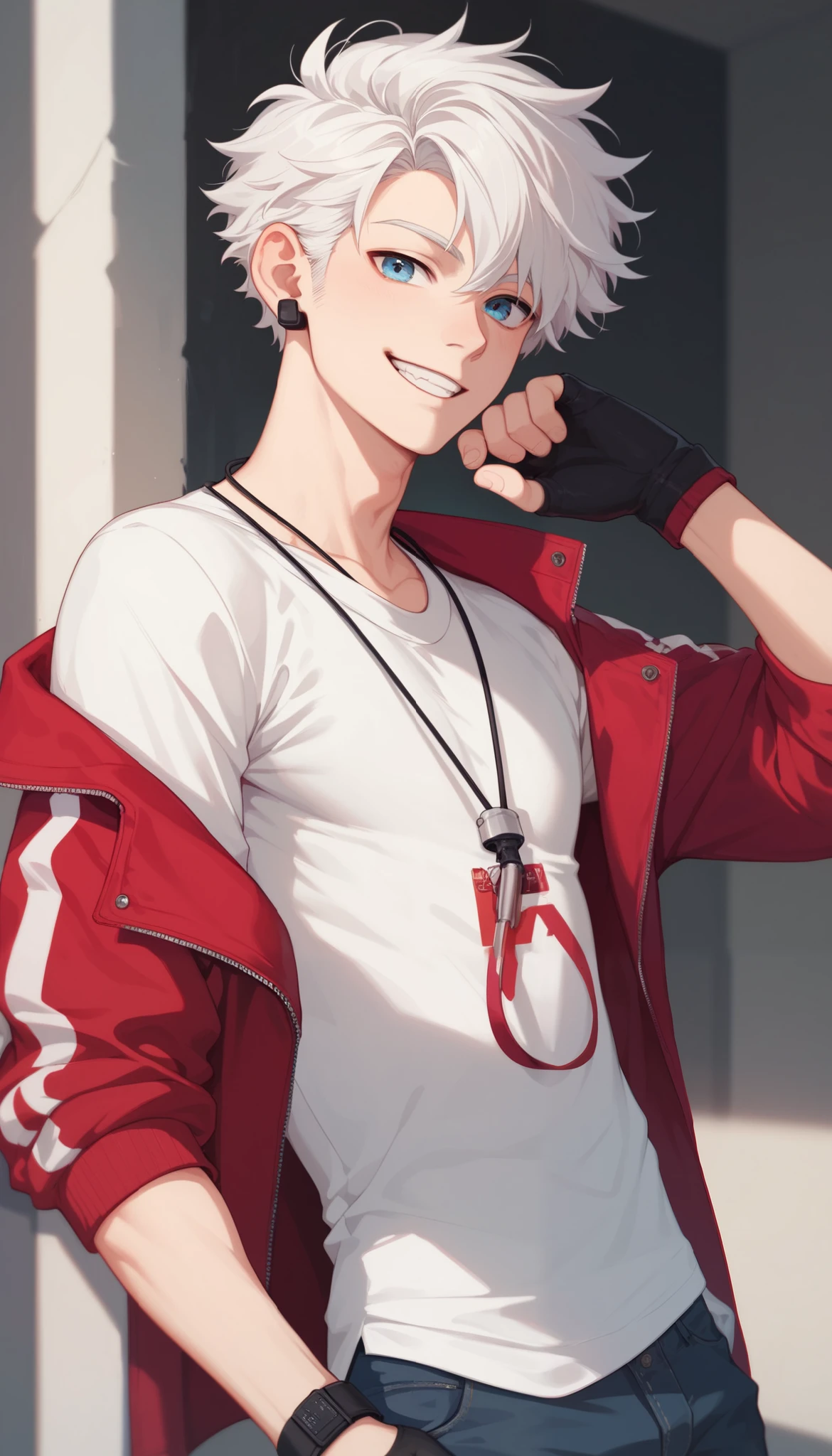 A young man, he has light blue eyes and pale skin, he has white hair and medium size, up to the neck , with a long and messy fringe, he wears a white shirt with light red sweatshirt and black jeans, has earphones hanging around her neck and wears a fingerless glove on one hand. mischievous smile