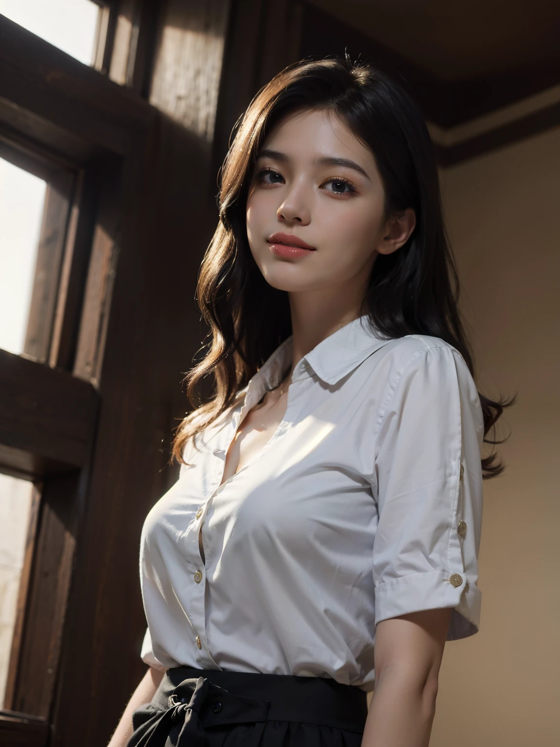 highest quality, masterpiece, (Realistic:1.4), One girl, A light smile, Collared shirt, Upper Body, Dramatic lighting