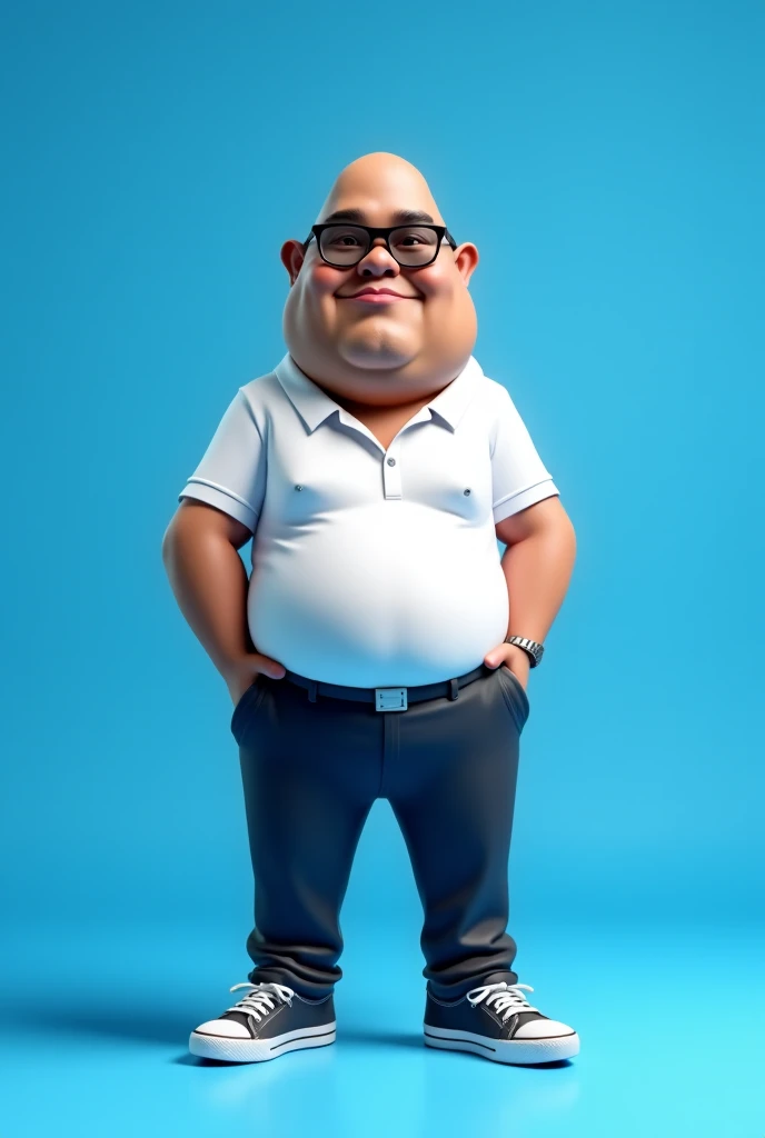 Create a full-body stylized 3D cartoon character of a middle-aged black man'. The character should have exaggerated proportions, with the head occupying 70% the height of the image and the body that makes up the remaining 30% of the total height of the image, typical of a fun and playful cartoon style. Render the character in a style 'Pixar-like' ou '3D Cartoon', using the engines 'Arnold Maya' ou 'Keyshot Toon' to ensure high quality animation. Ensure your render includes detailed textures, a smooth, polished finish, and vibrant colors.
Create a full-body stylized 3D cartoon character of a middle-aged black man'. The character should have exaggerated proportions, with the head occupying 70% the height of the image and the body that makes up the remaining 30% of the total height of the image, typical of a fun and playful cartoon style. Render the character in a style 'Pixar-like' ou '3D Cartoon', using the engines 'Arnold Maya' ou 'Keyshot Toon' to ensure high quality animation. Ensure your render includes detailed textures, a smooth, polished finish, and vibrant colors.
The character must have a slightly overweight build, very short straight hair, with 50% black and 50% gray color ratio. Your beard should be trimmed and thin, with white hair on the chin and dark gray elsewhere. Skin tone should be dark brown with a warm undertone. He should have a friendly expression without smiling., and wear modern black reading glasses. Dress it up with an oversized black t-shirt and dark gray pants without a belt., along with black shoes. Add a black smartwatch to your wrist. Position the character with a confident posture, with your hands at your side. Use a transparent background to isolate the character, and ensure that the rendering is at the highest resolution possible.