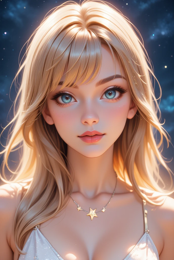 ((((masterpiece, best quality, high resolution)))), Extremely detailed 8K, Beautiful girl with slender body, (Ultra HD, Ultra-detailed, Highly detailed, Highly realistic, Ultra-realistic, photograph realistic), (1girl:1.5), (Realistic blonde hair with dark roots), wavy hair, boho bob cut, (bukkake, shiny skin), facing at camera, light smile, (beautiful detailed face, beautiful detailed eyes), (sexy space outfit), see through top, cleavage, glow, sweat, (space cruise, detailed makeup
