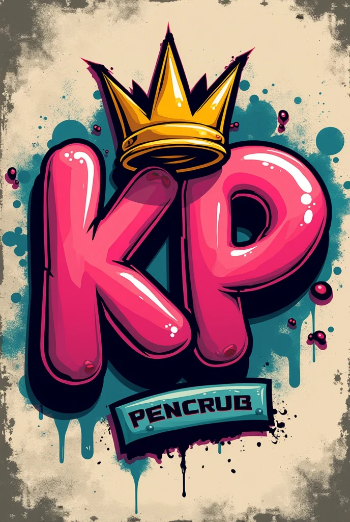 KP logo with a simple drawing crown with three peaks on the top and with a small stripe on the bottom, graffiti style and bubble letters