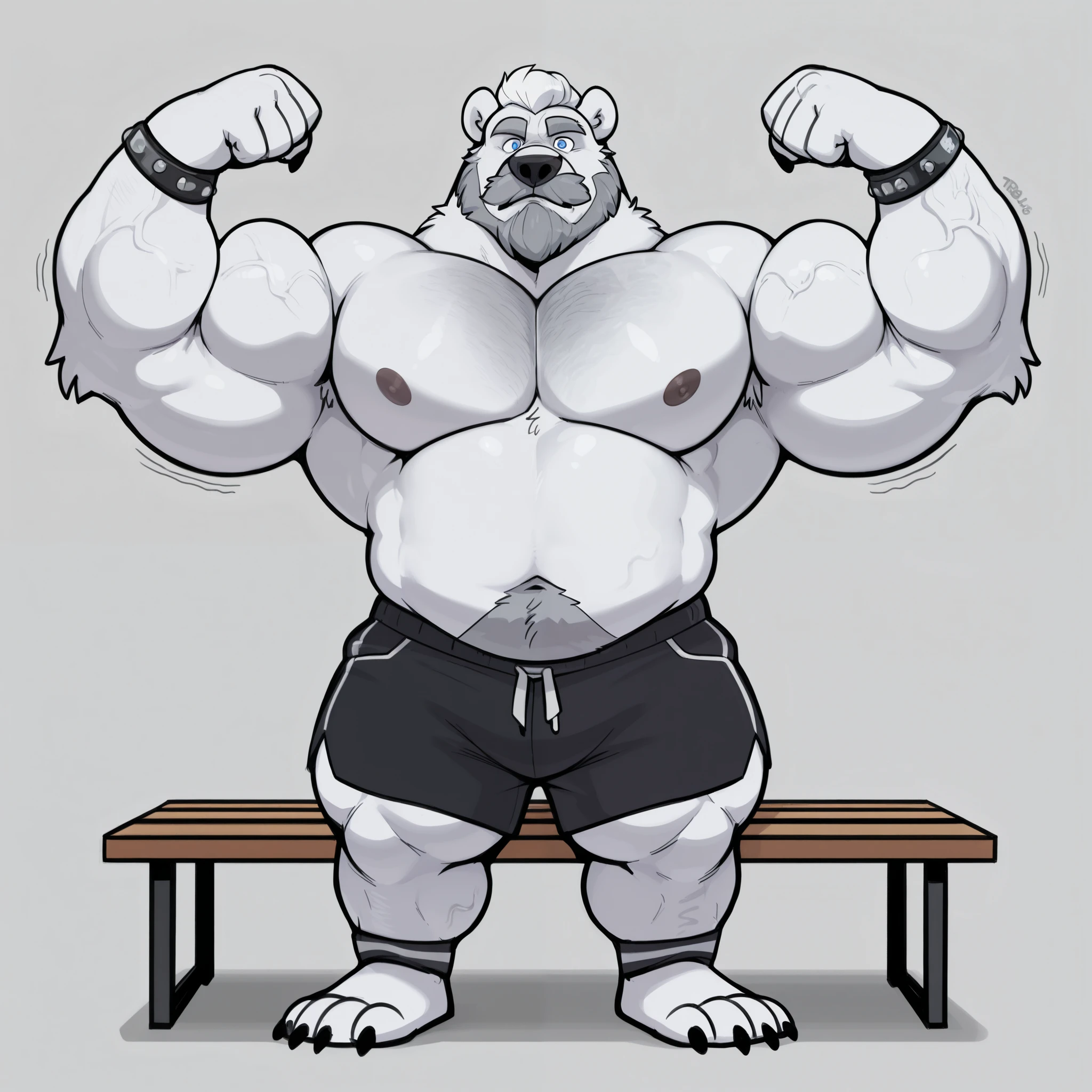 huge bulked up muscular polar bear in Californian muscle beach, big grunting noise, big bulked up flexing body, polar bear, huge white fur, thick arm, huge arm, added gray mustache, added gray beard, short white hair, weight: 310lbs, (veiny bulked up muscular, pectoral, wide pectoral, thick bulky arms), masterpiece, best quality, amazing quality, anthro bear, 8k, masterpiece, detailed gray eyebrows, detailed blue eyes with blue pupils, (wearing black short trunks, wristbands, shirtless, topless, half naked and feet), doing bench presses