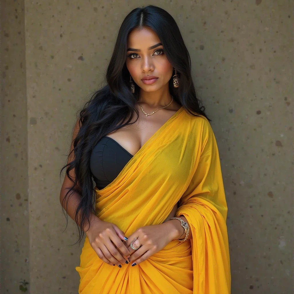 Best quality, masterpiece, Beautiful, young sri lankan woman, looking straight at viewer, wearing simple bra and long skirt, open yellow jacket on top, walking at tropical beach, professionalism, teen age, detailed face, detailed body, symmetric face, big cute eyes, cute face, dynamic pose, tattooed hands, deep cleavage, perfect anatomy, photorealistic, curvy body, black braid hair, 8k, ultra realistic, forest castle background, ambient occlusion