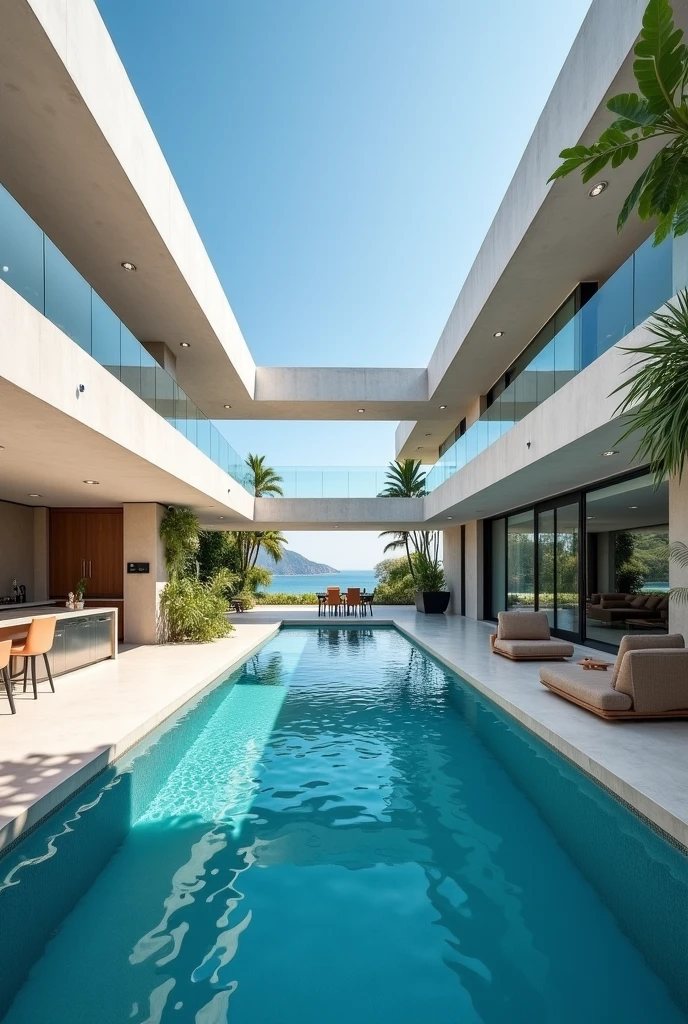 An open space in the house with kitchen, dining room, living room and pool, inside with cloakroom, with a futuristic and modern style with all the glazed walls, I don't want the pool to be the most dominant, more organic.