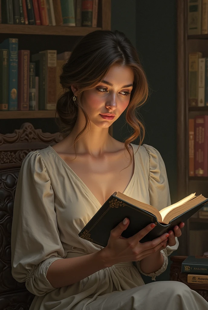 Brunette girl reading a Roman book