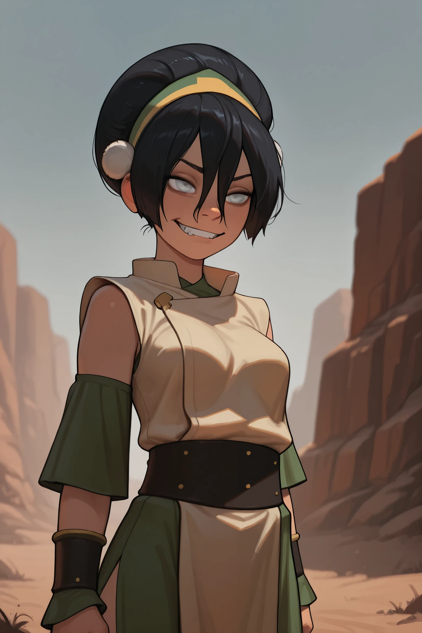 1girl, toph, bangs, black hair, blind, grey eyes, hair between eyes, hair bun, hairband, short hair, breasts, incoth, (incase:0.6), skimpy clothing, standing, grinning, wilderness, daytime, medium shot