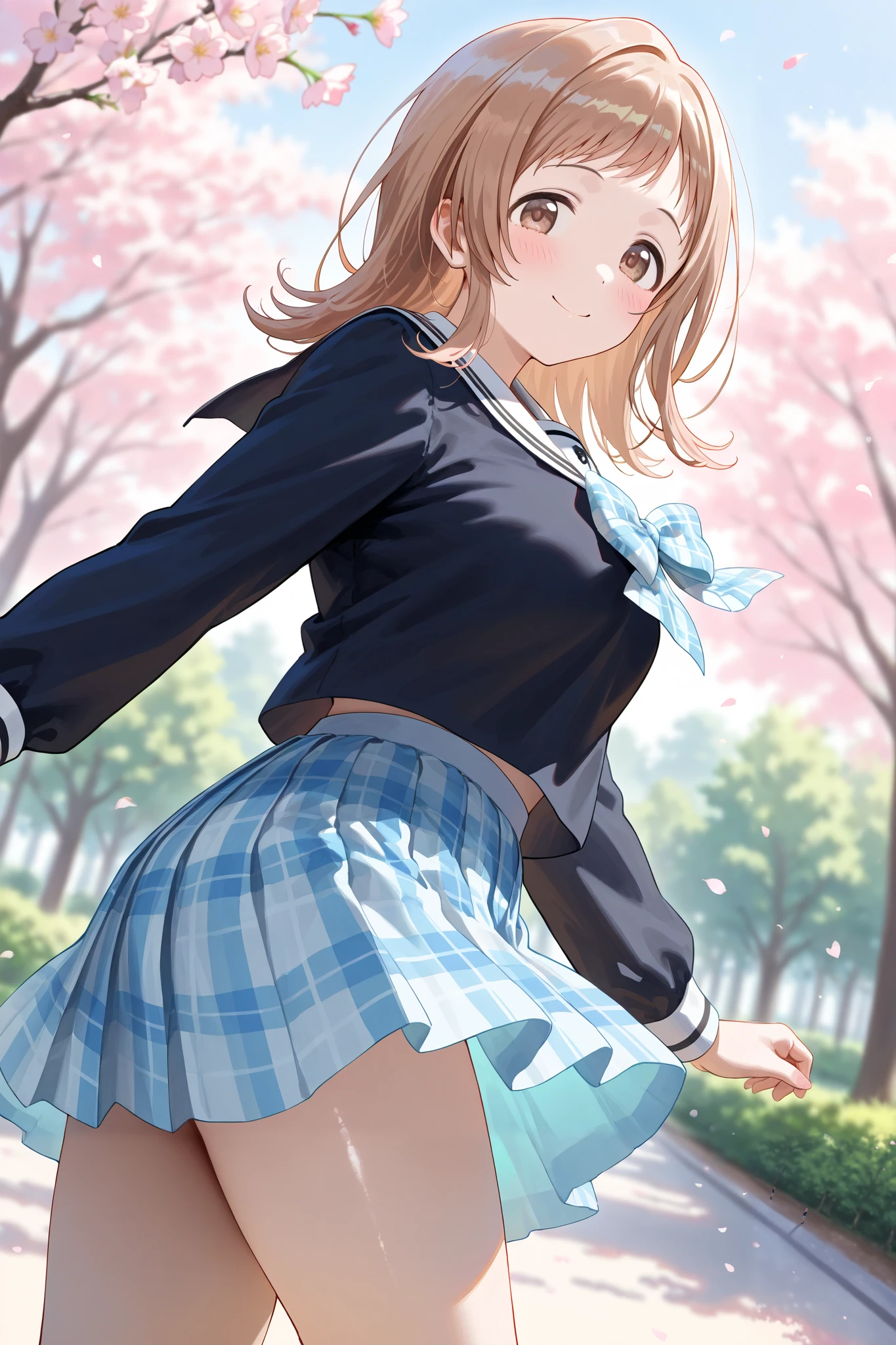 (masterpiece), (Highest quality), (Very detailed),
(The best shape), (Best Shadow), (Absurd),
(Detailed Background), (So beautiful), Shiny,
Beautiful eyes in every detail, Extraordinary, Countershading, 8k, 32K, High resolution,
Very Detailed CG ,
Score_9, Score_8_up, Score_7_up, Source_anime,
(Pastel painting:1.2), (Watercolor painting:1.2),
(Masterpiece, Detailed:1.2), (Foreshortening:1.2),
Cinematic, Dramatic, (Depth of field:1.4),
(Blurry background:1.4), (Realistic background:1.4), Dynamic angle, from side,
1 girl, Solo,
Outdoors, Nature, Park, Wind,
Spring, Cherry blossoms, 1 pigeon,
Sakuragi Mano,
the idolm@ster shiny colors,
mano sakuragi,
(Brown hair:1.1), Medium hair, Brown eyes,
(School uniform:1.3),
(Black sailor suit:1.3), Long sleeves suit,
(White sailor collar:1.4),
Ribbon, Light blue ribbon, Butterfly ribbon,
Skirt, Light blue skirt, Checkered skirt,
(Blush:1.3),
Cowboy shot,
Focus on face,
Smile, Happy, squat,
Looking at the pigeons,
Realistic skin,
Shiny skin,