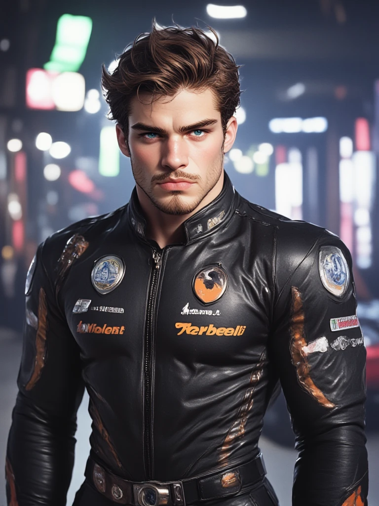 male pilot, (standing close to solar eclipse), landscape, huge sun solar eclipse background, elegant, wearing spacesuit, tight clothes, open clothes, unzipped, blush, masterpiece, best quality, detailed background, depth of field, intricate details, (muscular), (large pectorals), (puffy nipples),