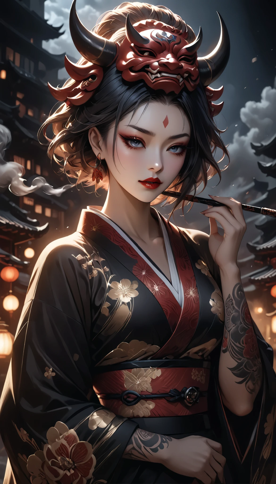 (best quality,4k,8k,highres,masterpiece:1.2),ultra-detailed,(realistic, photorealistic, photo-realistic), dramatic lighting, cinematic composition, melancholic, emotional, powerful, impactful, (anatomically correct), Beautiful female ogre, [[ultra detailed sexy kimono with cleavage intricate details]], plunging neckline, Short black detailed hair, (full body traditional Japanese yakuza tattoos), (holding kiseru pose:1.14),(kiseru-smoke:1.09), wearing oni mask, extremely detailed eyes, beautifully detailed lips, extremely detailed face, long eyelashes, 1girl, solo, Dark dramatic atmosphere, moody, cinematic, somber, high contrast, High fantasy, at night, fantasy Asian market background,
