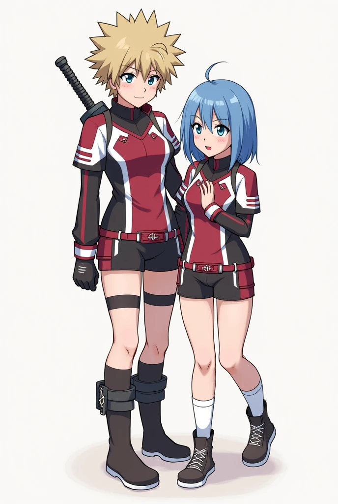 Captura de pantalla del anime My Hero Academia, toma larga, full body woman of indigenous ethnicity., piel clara, adolescente, short shoulder length ruby red hair,liso con flequillo, ojos marrones rasgados, two piece hero suit, camisa roja corta, guantes negros, minifalda con dobladillo negro, medias hasta la rodilla y botas negras,  is looking and holding hands with muscular white Shoto Todoroki, cabello mitad izquierda mitad blanco mitad derecha rojo liso, with heterochromia, marca roja en la cara with heterochromia ojo izquierdo gris oscuro, ojo derecho azul, con una marca roja en el rostro del lado derecho, tez  blanca, enteriso azul. en un bosque de cerezos