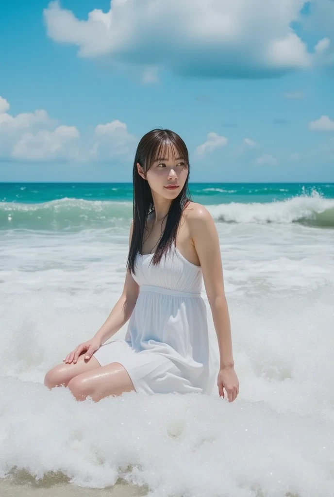 Japanese female, a lot of details, (underweight), detailed black hair, beautiful detailed hair, super fucking beautiful, delicate beautiful face, complex details beautiful and delicate eyes, perfect hands, (flat chest best quality:1.5), perfect and delicate limbs, detailed skin, best quality, ultra-detailed,(cheerful grin:1.3),
sky, (cloud texture), (floating:1.4), (sit in the air), (light red floating dress), in the clouds, full body shot, low angle shot