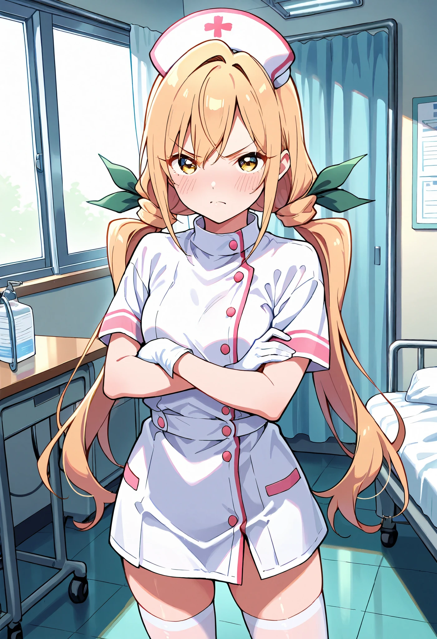 Score_9, score_8_up, score_7_up, source_anime, karaneinda, solo, yellow eyes, green ribbon, blonde hair, hair ribbon, ribbon, low twintails. small breasts, (best quality), (high quality), {masterpiece}, extremely delicate and beautiful, ultra-detailed, beautiful detailed eyes, nurse, nurse hat, ((white nurse's outfit)), white gloves, white legwear, zettai ryouiki, hospital room, angry, crossed arms, closed mouth, standing