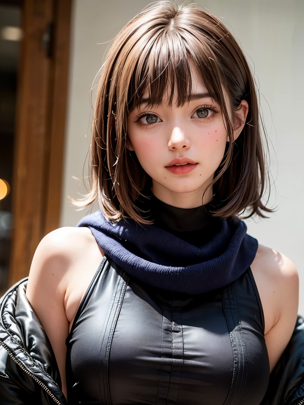1 girl, alone, alone focus, cowboy shot, portrait, 28 years old、oversized hoodie, aqua green and white hoodie, half aqua, half green, ((black hair)), (yellow hair), (gradient hair :1.5),short bob hair:1.4、 curly hair, ((bright pink eyes)), highly detailed eyes, tan, (White skin:1.1), highest quality, Super detailed, white background, simple background、{gigantic|big|huge|mega} breasts, cleavage
