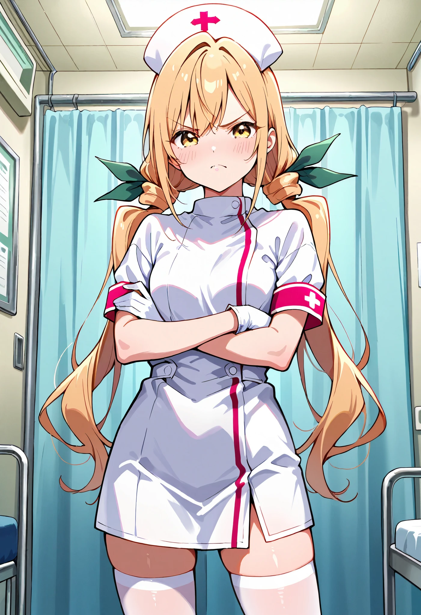 Score_9, score_8_up, score_7_up, source_anime, karaneinda, solo, yellow eyes, green ribbon, blonde hair, hair ribbon, ribbon, low twintails. small breasts, (best quality), (high quality), {masterpiece}, extremely delicate and beautiful, ultra-detailed, beautiful detailed eyes, nurse, nurse hat, ((white nurse's outfit)), white gloves, white legwear, zettai ryouiki, hospital room, angry, crossed arms, closed mouth, standing