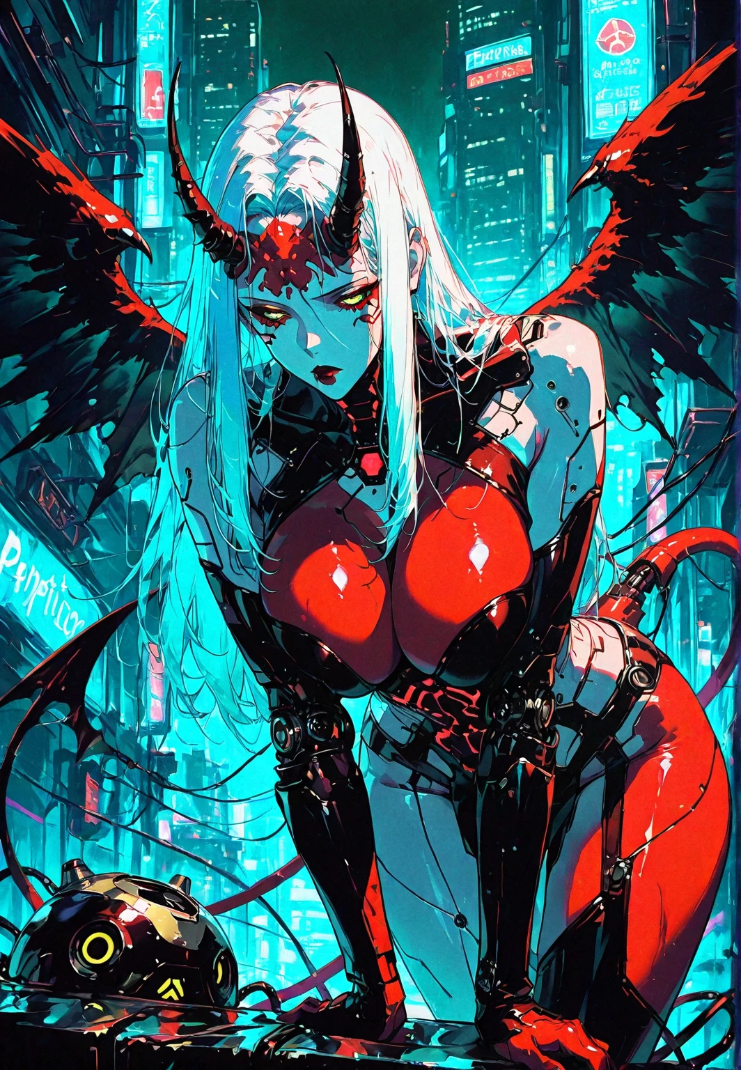 1girl, perfect body, cute evil face, wings, colored skin, pointy ears, blue skin, red eyes, underboob, demon girl, horns, breasts, genderswap (mtf), genderswap, red wings","wallpaper, 1boy, solo, male focus, tattoo, monochrome, cyberpunk, (chromatic aberration), detailed background, mechanical parts, cable, indoors