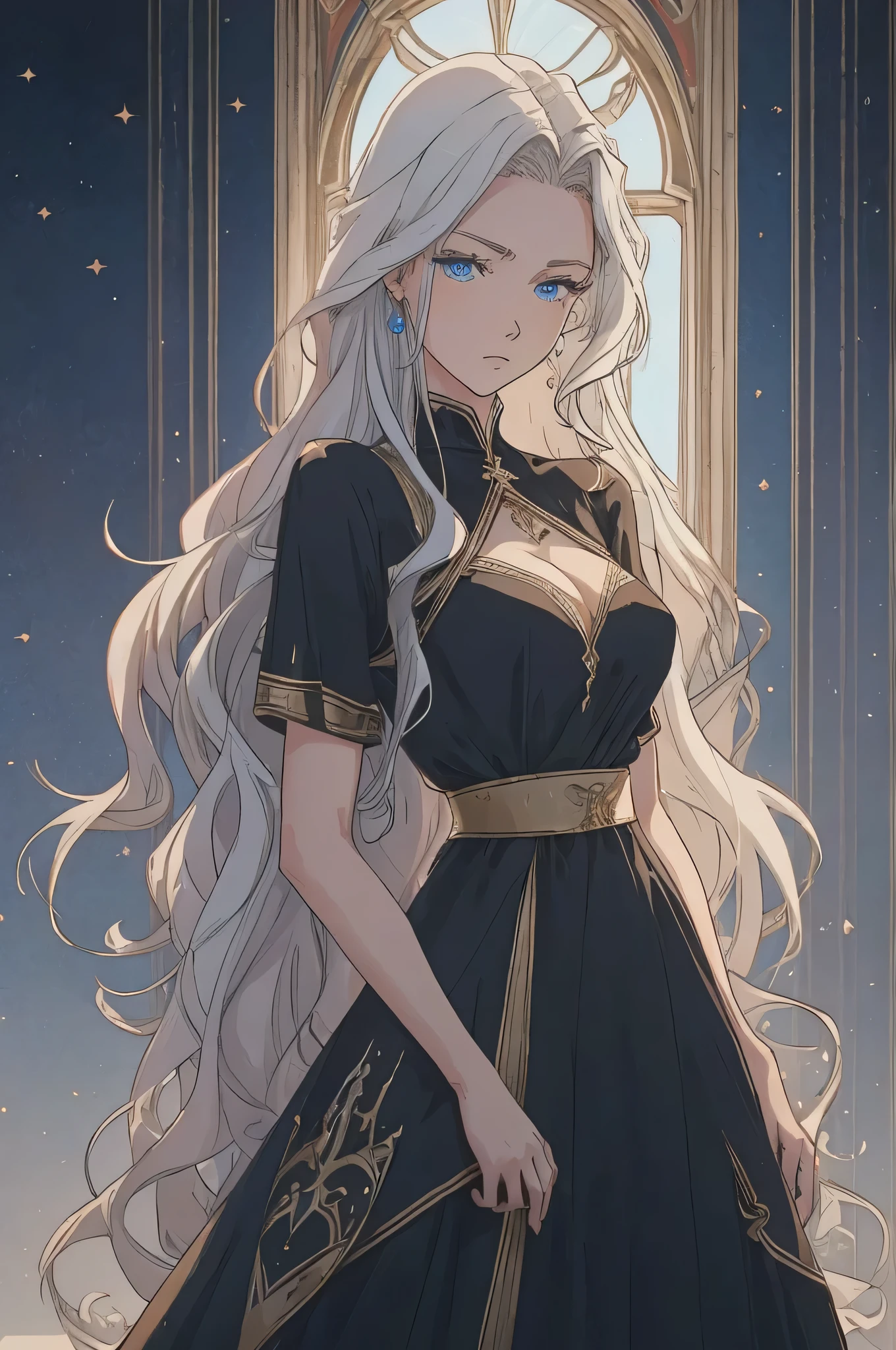 Create a human female mage of about 20 years of age with a well-defined and full-bodied body and medium-sized breasts, with long, wavy white hair, blue eyes, a calm look, wearing a very detailed long black dress.