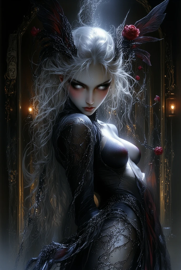 (a ghostly, ethereal, ethereal:1.ung woman with (long, floor-length) (translucent, flowing) attire, resembling a cloak. She has (very long, flowing, cascading) hair that adds to her ghostly appearance. Her face is (gaunt, pale, ghostly), with a touch of (sorrow, mystery). The atmosphere around her is (gloomy, haunting), filled with (darkness, shadows). The setting is (dimly lit, candlelit), adding to the overall (obscurity, mysteriousness). In the background, there is a (sarcophagus, tomb, cemetery), partially (exposed, open). The scene exudes an eerie ambiance, with a hint of (nsfw, sensual) undertones, as if unveiling secrets from the past.(subtle nudity:0.9)