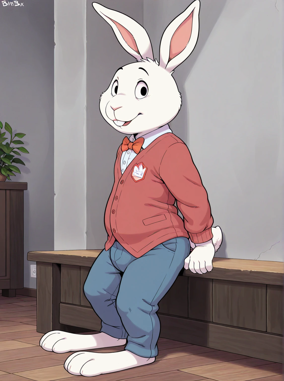masterpiece, best quality, amazing quality, absurdres, solo, BusterBax, 1boy, anthro bunny, white fur, black eyes, buckteeth, full body perspective