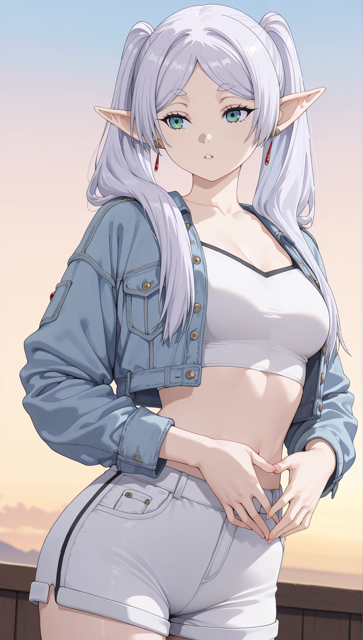(masterpiece), (portrait), medium breasts (aesthetics), ((1 female, Frieren, 21 years old)), (pointy ears, elf,), ((long hair, twintails)), ((Gray Hair with twintails, )), thin eyes open, green eyes, cute, female, woman, feminine, beautiful, female features, top, high quality, anime screencap, aesthetic clothing, professional angle, (rule of thirds), (feminine), (beautiful) , (female ) features), solo, summer, (ink haze), (afternoon), (vibrant light), seductive posture, ((face looking forward))), denim jacket, white sport shorts, ((Energy)), (Bold Makeup), (medium Breasts), Fair Skin, (Clothes with Hip Hop Details), (Crop Top), (Sleep Neckline), Beautiful Hands, Body beautiful, beautiful ears, beautiful eyes, bright eyes, beautiful mouth, beautiful lips, sideways