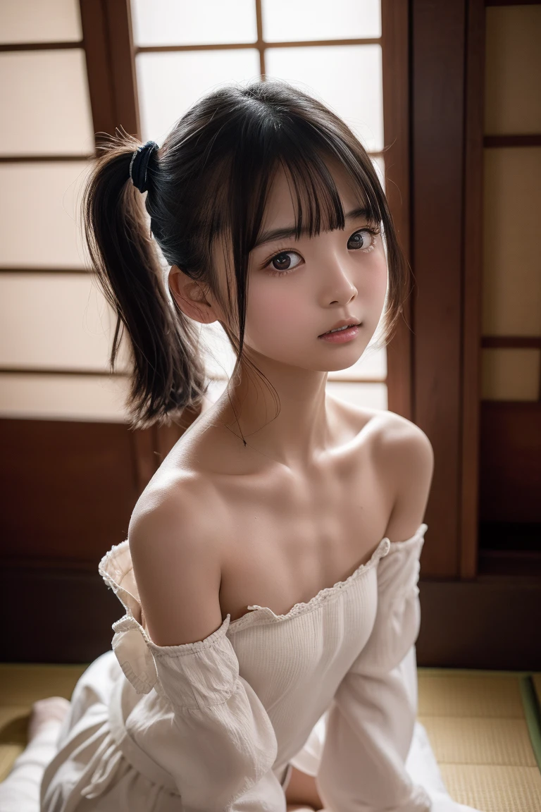 12 years old, (japanese Famous idol:1.4) (1cute girl:1.4) (very young face:1.4) best quality, face focus, soft light, ultra high res, (photorealistic:1.4), RAW photo, 1japanese girl, solo, cute, (pupil, lights in the eyes), detailed cute face, (small chest),(high resolution detail of human skin texture), Damask Shirt Dress, (portrait)