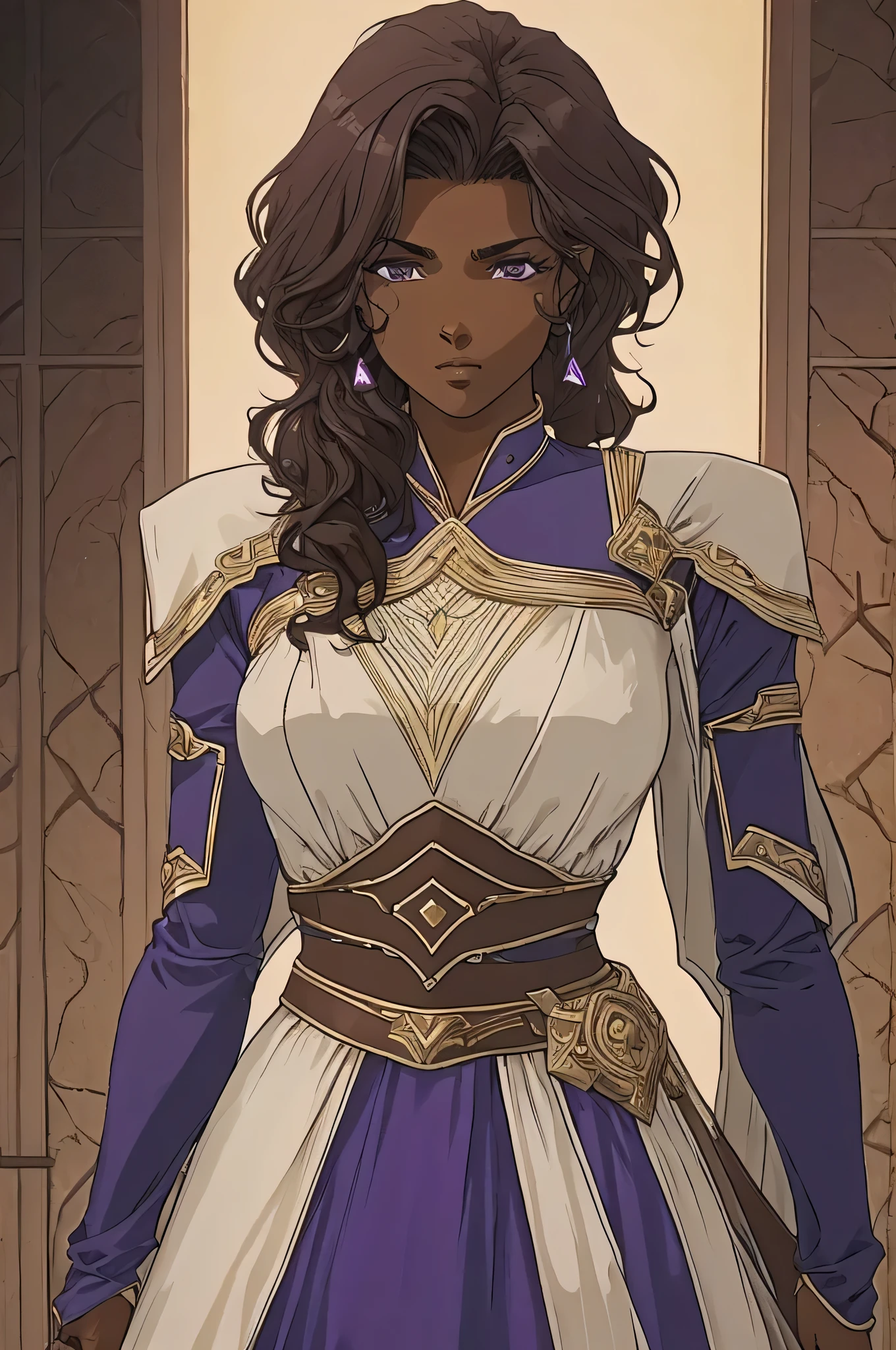 create a dark-skinned female human warrior of about 30 years of age with a well-defined and full-bodied body, with medium light brown curly hair and very dark purple eyes, with a calm look, wearing light dress armor