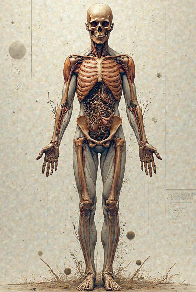 Create human anatomical drawing that contains osteology mythology with a landscape background related to life after death