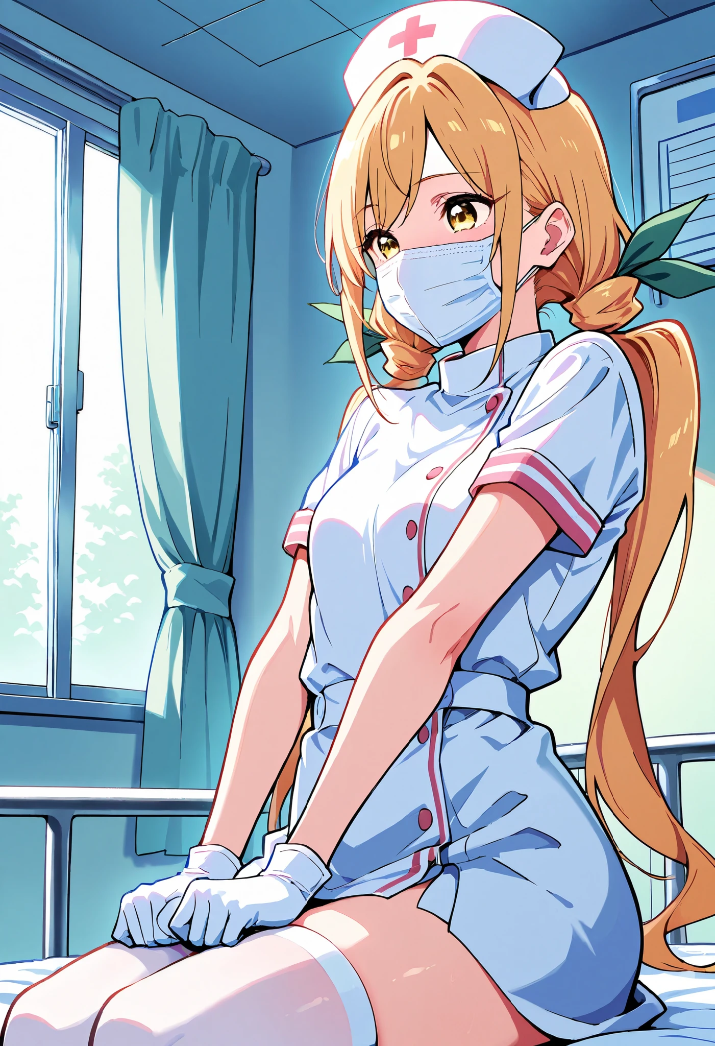Score_9, score_8_up, score_7_up, source_anime, karaneinda, solo, yellow eyes, green ribbon, blonde hair, hair ribbon, ribbon, low twintails. small breasts, (best quality), (high quality), {masterpiece}, extremely delicate and beautiful, ultra-detailed, beautiful detailed eyes, nurse, nurse hat, ((white nurse's outfit)), white gloves, white legwear, zettai ryouiki, hospital room, ((white mask, mouth mask, covered nose)), standin
