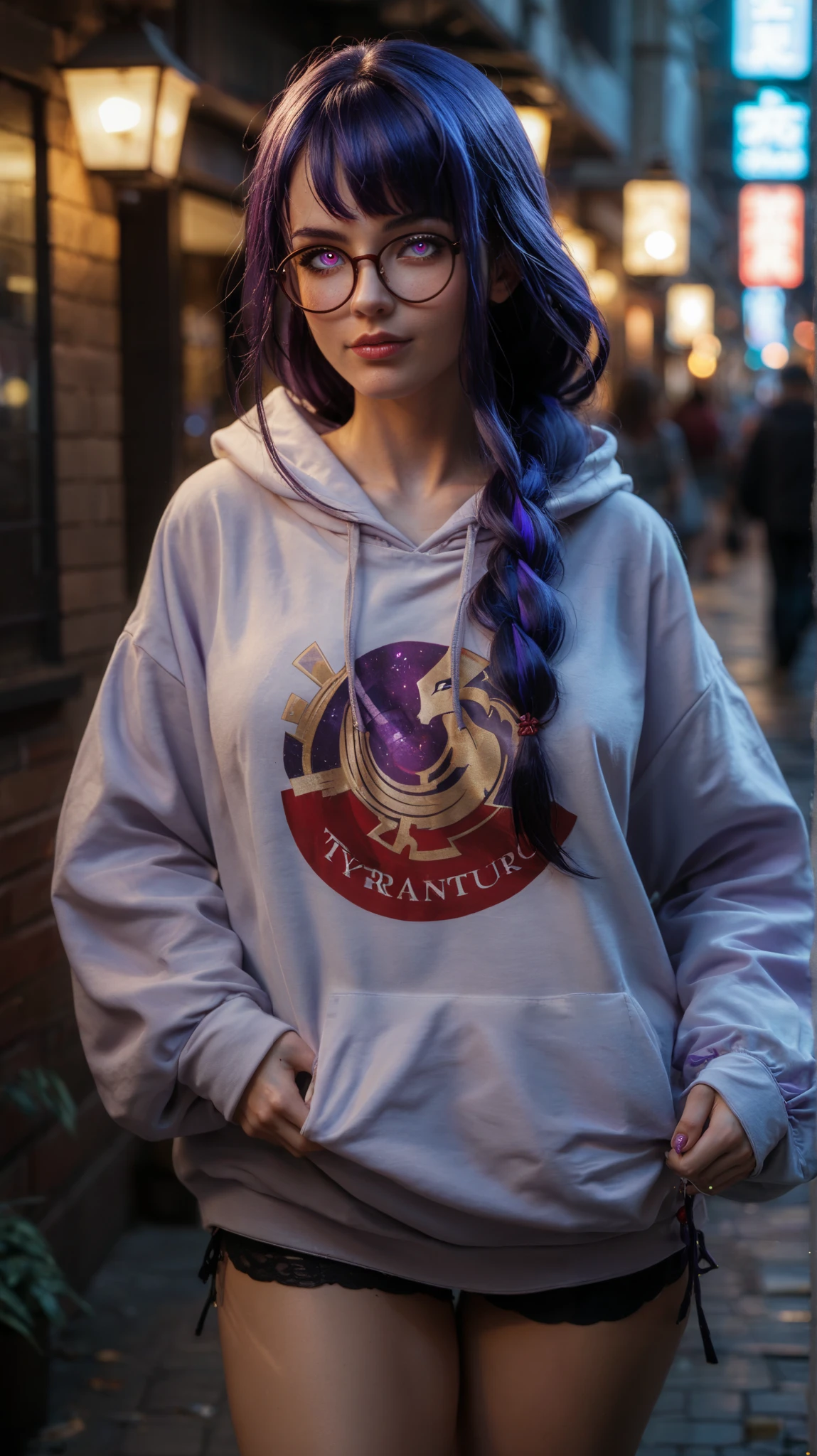 Raiden Shogun from Genshin Impact, reimagined in a casual yet stylish modern look. She wears an oversized white hoodie with red accents, its loose sleeves adding a cozy and relaxed feel. Her long, silky purple hair is tied into a casual ponytail, with a few strands elegantly framing her face. She wears thin, round glasses that give her an intellectual yet playful charm. A red lollipop rests between her lips, adding a mischievous touch as she playfully winks with one eye. Her glowing violet eye reflects the soft ambient lights of the city night. The background is a dimly lit urban alleyway, with warm streetlights casting golden hues on the brick walls, subtly contrasting with the cool purple energy faintly crackling around her. Her spectral manifestation subtly emerges behind her—large, ghostly purple hands, their fingers gently curling as if awaiting a command. The atmosphere is cinematic, with a shallow depth of field emphasizing her relaxed pose and confident aura. Hyper-detailed anime style, ultra-realistic fabric textures, cinematic lighting, soft bokeh effect, 85mm lens, f/1.8 aperture, ultra-realistic rendering, high-quality textures --ar 16:9 --v 6 --style raw --q 2 --s 750