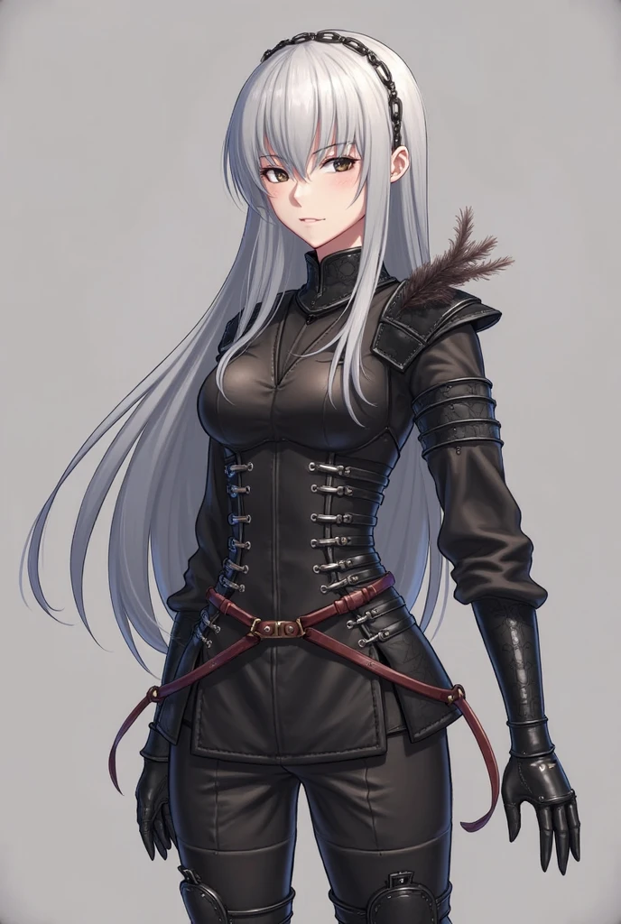 <lora:Nier_YorhaA2-PONY:0.8> 1girl, solo, cowboy shot, white background, niera2dlc, white hair, long ahair, hair between the eyes, jacket, fur-trim, armored gloves, black sash, pants, thigh boots, score_9, score_8_up, score_7_up, score_6_up,