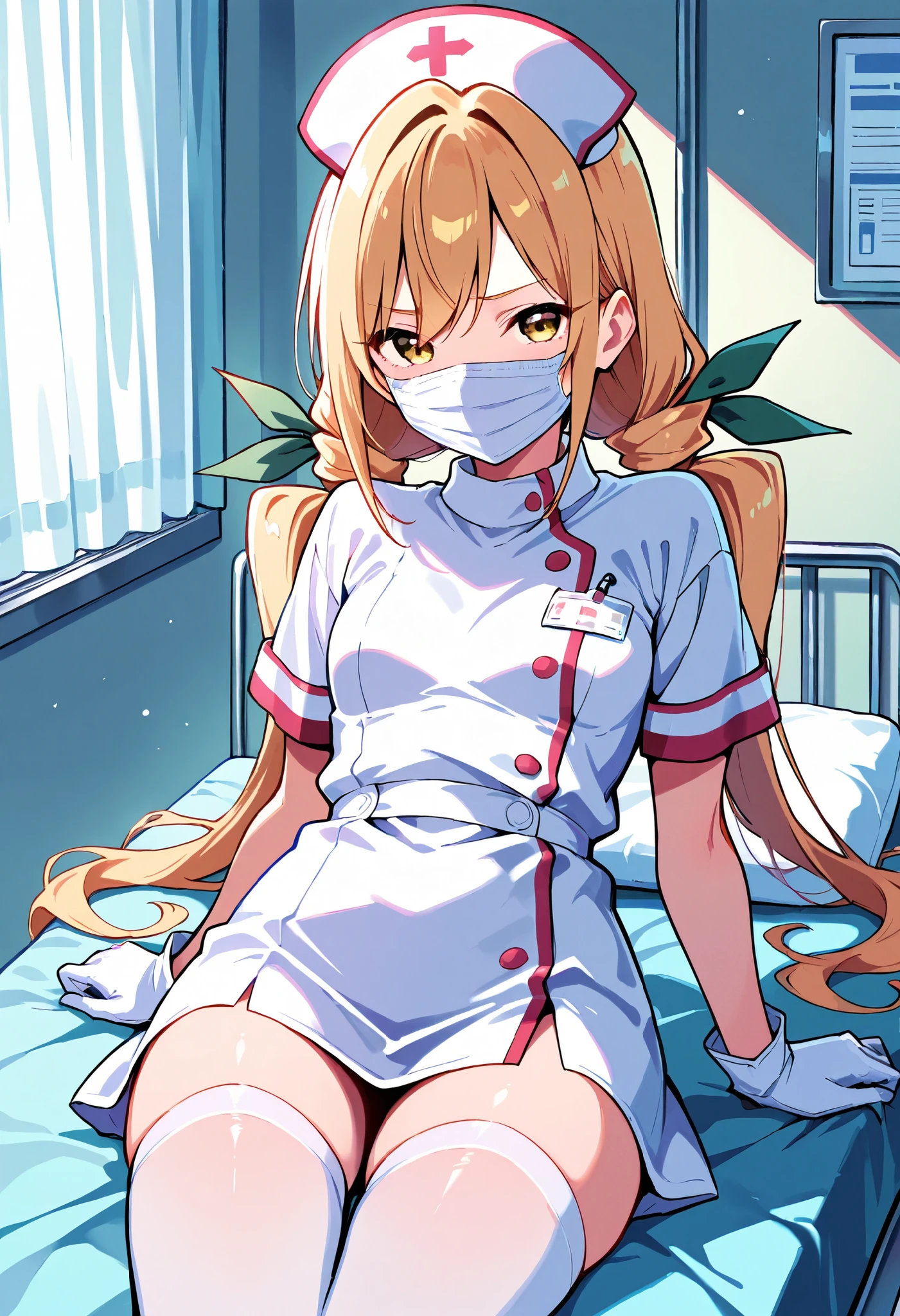 Score_9, score_8_up, score_7_up, source_anime, karaneinda, solo, yellow eyes, green ribbon, blonde hair, hair ribbon, ribbon, low twintails. small breasts, (best quality), (high quality), {masterpiece}, extremely delicate and beautiful, ultra-detailed, beautiful detailed eyes, nurse, nurse hat, ((white nurse's outfit)), white gloves, white legwear, zettai ryouiki, hospital room, ((white mask, mouth mask, covered nose)), standin