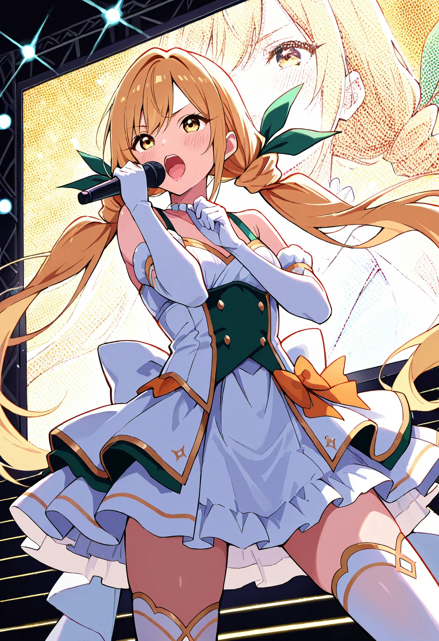 Score_9, score_8_up, score_7_up, source_anime, karaneinda, solo, yellow eyes, green ribbon, blonde hair, hair ribbon, ribbon, low twintails. small breasts, (best quality), (high quality), {masterpiece}, extremely delicate and beautiful, ultra-detailed, beautiful detailed eyes, idol, idol costume, orange and white dress, white elbow gloves, white thighhighs, holding microphone, on stage, screen, multi colored light, dynamic pose, singing, pink lips, open mouth