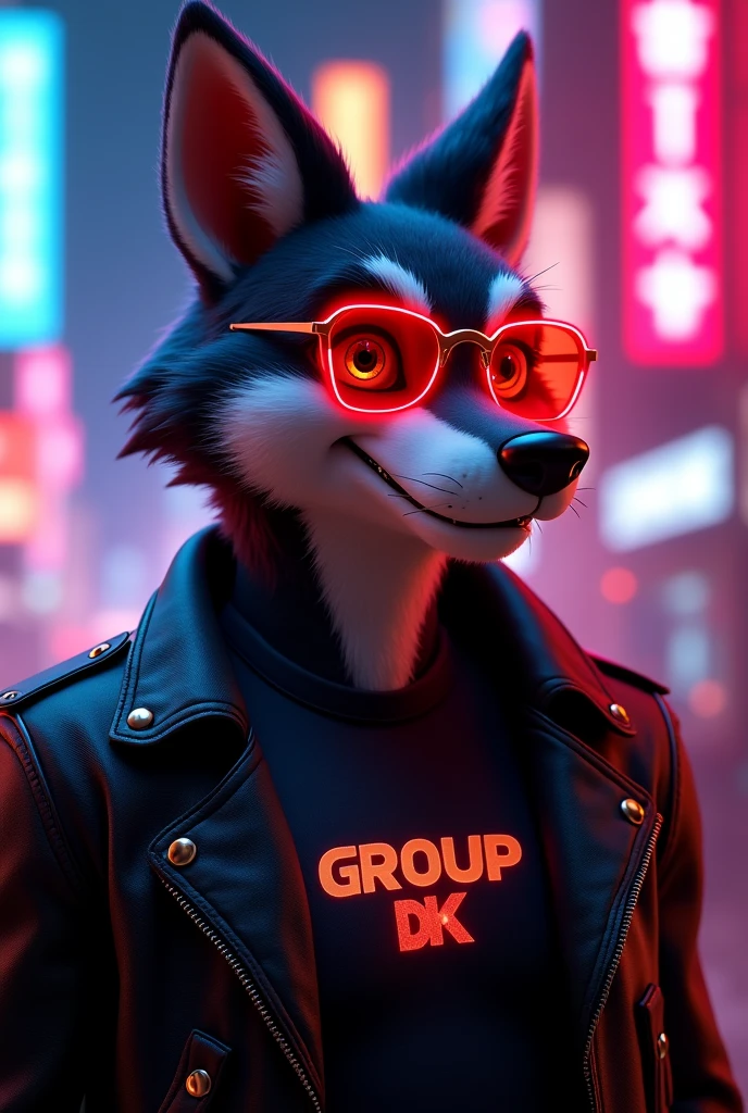 *"An animated character in a hyperrealistic, cinematic style, figure inspired by the Looney Tunes but with a touch dark and brutal. It is an anthropomorphic alpha wolf, with hyper-detailed fur and an expression of pure trust and dominance. His eyes reflect intelligence and cunning, while their neon red crystal sunglasses reflect the city around them, with a vibrant and deep light effect.

He wears a tight black leather jacket, with realistic textures, visible seams and metallic patches on his shoulders. on his chest, the tight t-shirt shows the logo "GROUP DK"  with a sleek and modern design , , highlighting in metallic gold on the dark background. His fangs barely peek out in a confident smile, making it clear that it dominates its environment.

The background is a vibrant cyberpunk city, full of contrasting red and blue neons They with their, creating an impressive cinematic effect. The lights reflect on his jacket and glasses, while the smoke and street fog give him a mysterious and powerful aura.  Their posture is dominant , with a slightly raised arm and an attitude of an imposing and dangerous leader."*

