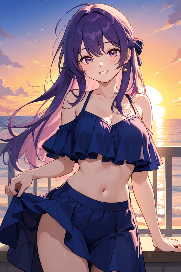 Big rainbow in the sky,goddess,beach,Swimming in the sea,Fukuhara Ai Image,Troubled face,Purple long hair,Large Breasts,Wear a skirt