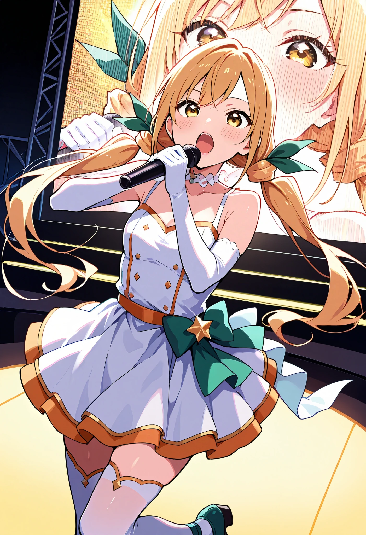 Score_9, score_8_up, score_7_up, source_anime, karaneinda, solo, yellow eyes, green ribbon, blonde hair, hair ribbon, ribbon, low twintails. small breasts, (best quality), (high quality), {masterpiece}, extremely delicate and beautiful, ultra-detailed, beautiful detailed eyes, idol, idol costume, orange and white dress, white elbow gloves, white thighhighs, holding microphone, on stage, screen, multi colored light, dynamic pose, singing, pink lips, open mouth