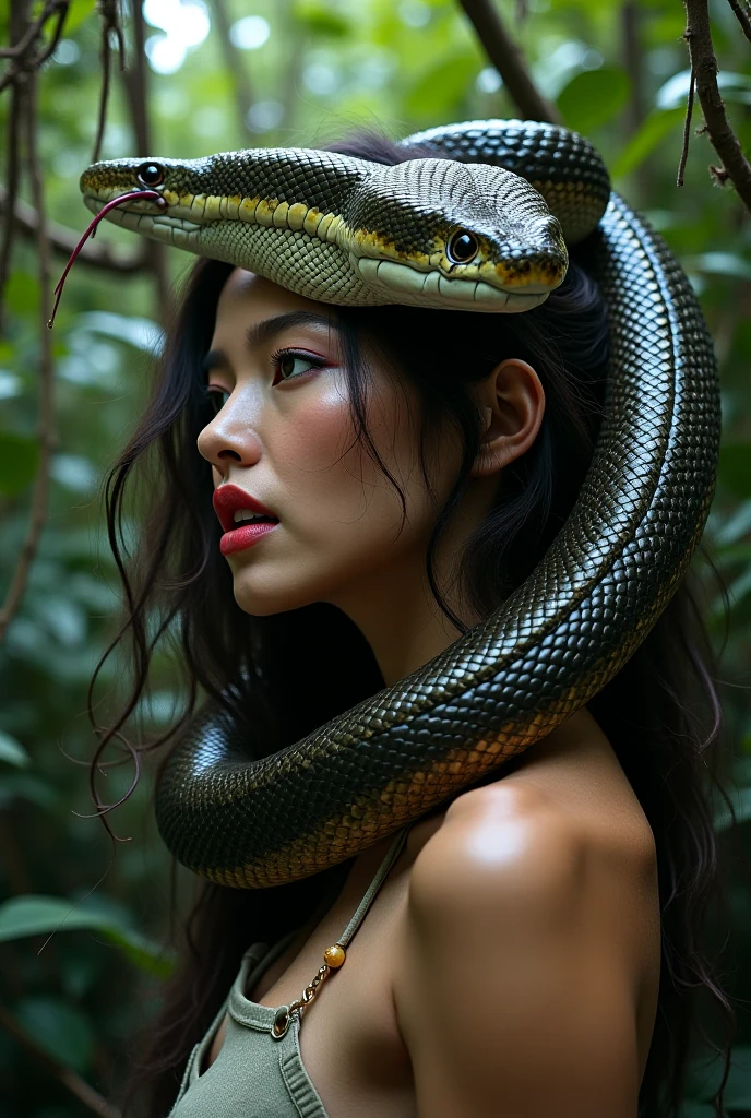 Topless thong aroused horny beautiful asian young teen girl vs Giant colossal black titanboa monster wrapped around her body squeezing her in coiled embrace cuddling and kissing sexual erotic  sex realistic in the jungle  snake tongue kissing, vaginal penetration , snake in pussy, large object insertion, tentacle sex, snake pit, blowjob perfect body, best quality gorgeous face, wet, nsfw