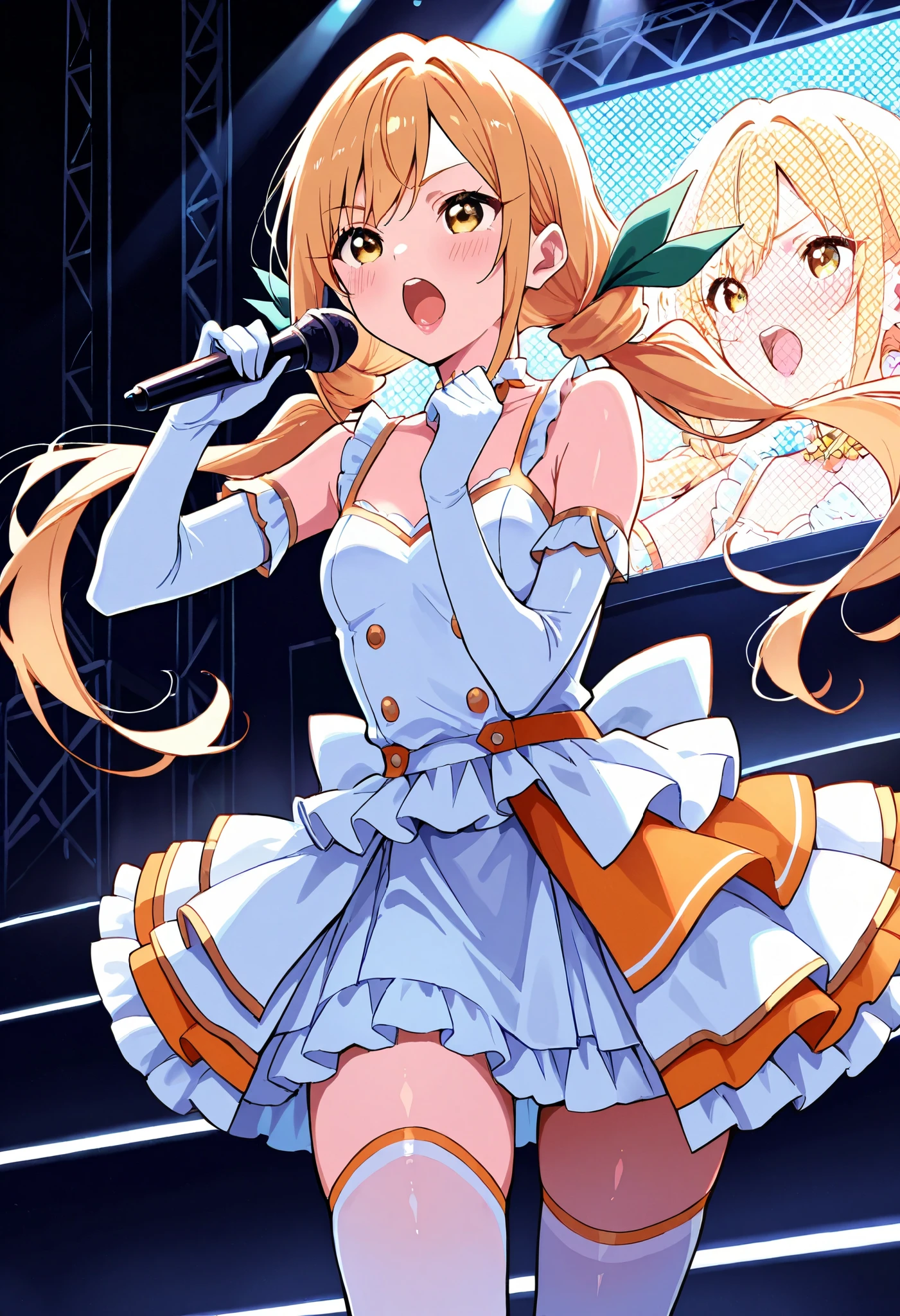 Score_9, score_8_up, score_7_up, source_anime, karaneinda, solo, yellow eyes, green ribbon, blonde hair, hair ribbon, ribbon, low twintails. small breasts, (best quality), (high quality), {masterpiece}, extremely delicate and beautiful, ultra-detailed, beautiful detailed eyes, idol, idol costume, orange and white dress, white elbow gloves, white thighhighs, holding microphone, on stage, screen, multi colored light, dynamic pose, singing, pink lips, open mouth