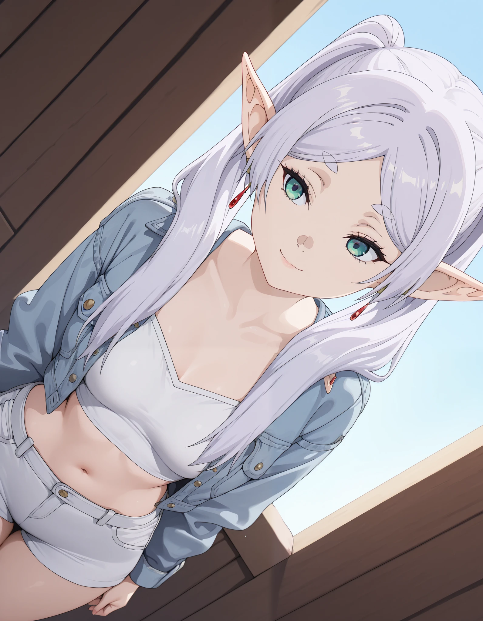 (masterpiece), (portrait), medium breasts (aesthetics), ((1 female, Frieren, 21 years old)), (pointy ears, elf,), ((long hair, twintails)), ((Gray Hair with twintails, )), thin eyes open, green eyes, cute, female, woman, feminine, beautiful, female features, top, high quality, anime screencap, aesthetic clothing, professional angle, (rule of thirds), (feminine), (beautiful) , (female ) features), solo, summer, (ink haze), (afternoon), (vibrant light), seductive posture, ((face looking forward))), denim jacket, white sport shorts, ((Energy)), (Bold Makeup), (medium Breasts), Fair Skin, (Clothes with Hip Hop Details), (Crop Top), (Sleep Neckline), Beautiful Hands, Body beautiful, beautiful ears, beautiful eyes, bright eyes, beautiful mouth, beautiful lips, sideways, hands back, smiling,