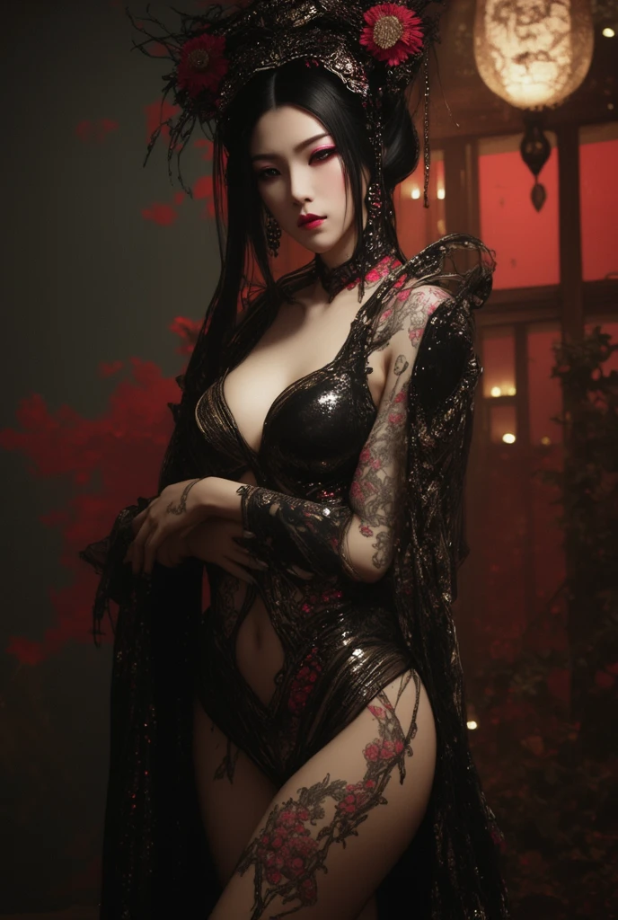 zombie,Chinese style,No underwear,Large Breasts,Showing chest and legs,deep mountain,fangs,blood,Transparent clothes,bulge