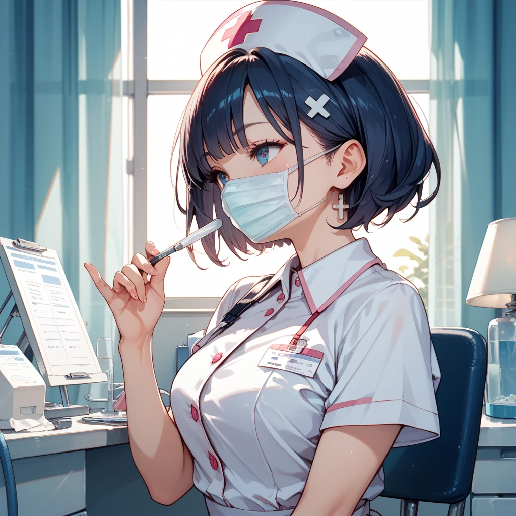 1woman, solo, nurse, white nurse cap, white nurse uniform, ((white legwear, zettai ryouiki)), white gloves, glasses, blue hair, orange eyes, ((white surgical mask, covered nose)), standing, ((hospital room)), sharp outline, short sleeves, mature female, 35 years old, best quality, masterpiece
