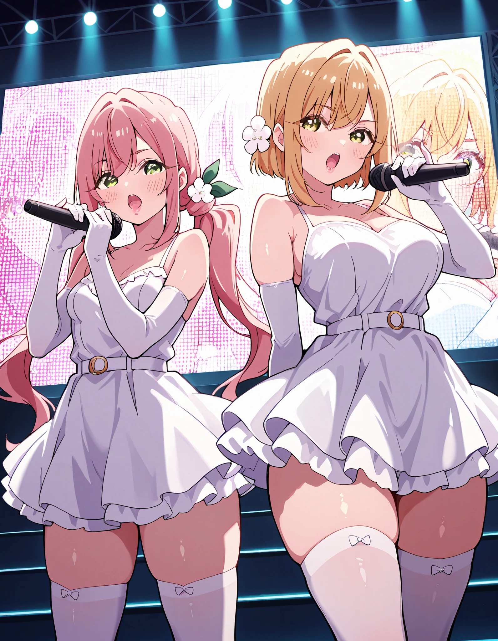 Score_9, score_8_up, score_7_up, source_anime, 2girls, Hakari Hanazono, pink hair, green eyes, hair ornament, hair flower, short hair, large breasts, thick thighs, karaneinda, yellow eyes, green ribbon, blonde hair, hair ribbon, ribbon, low twintails. small breasts, (best quality), (high quality), {masterpiece}, extremely delicate and beautiful, ultra-detailed, beautiful detailed eyes, idol, idol costume, pink and white dress, white elbow gloves, white thighhighs, orange and white dress, white elbow gloves, white thighhighs, holding microphone, on stage, screen, multi colored light, dynamic pose, singing, pink lips, open mouth