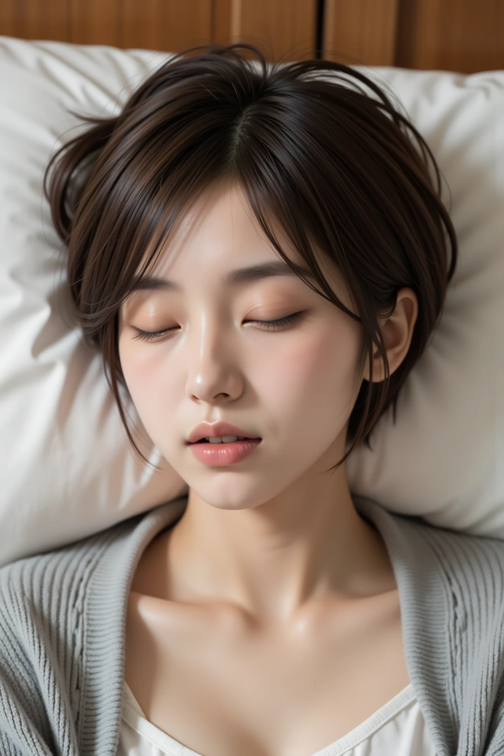 Japanese beautiful girl、Semi-short hair、Black Hair、Clear eyes、Half-open lips、Half-open mouth、White and grey floral tank top、Cleavage、Innocent expression、Looking up、bedroom、Shoulder Bare、Plump lips、Sleeping Beautiful Girl、Dreaming