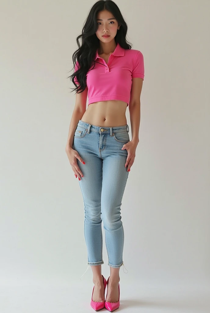 realistic photo of a beautiful 19 year old girl with very long brown hair, slim body, pronounced curves, wearing a sexy tight jean and a pink polo shirt, white sneakers, full body