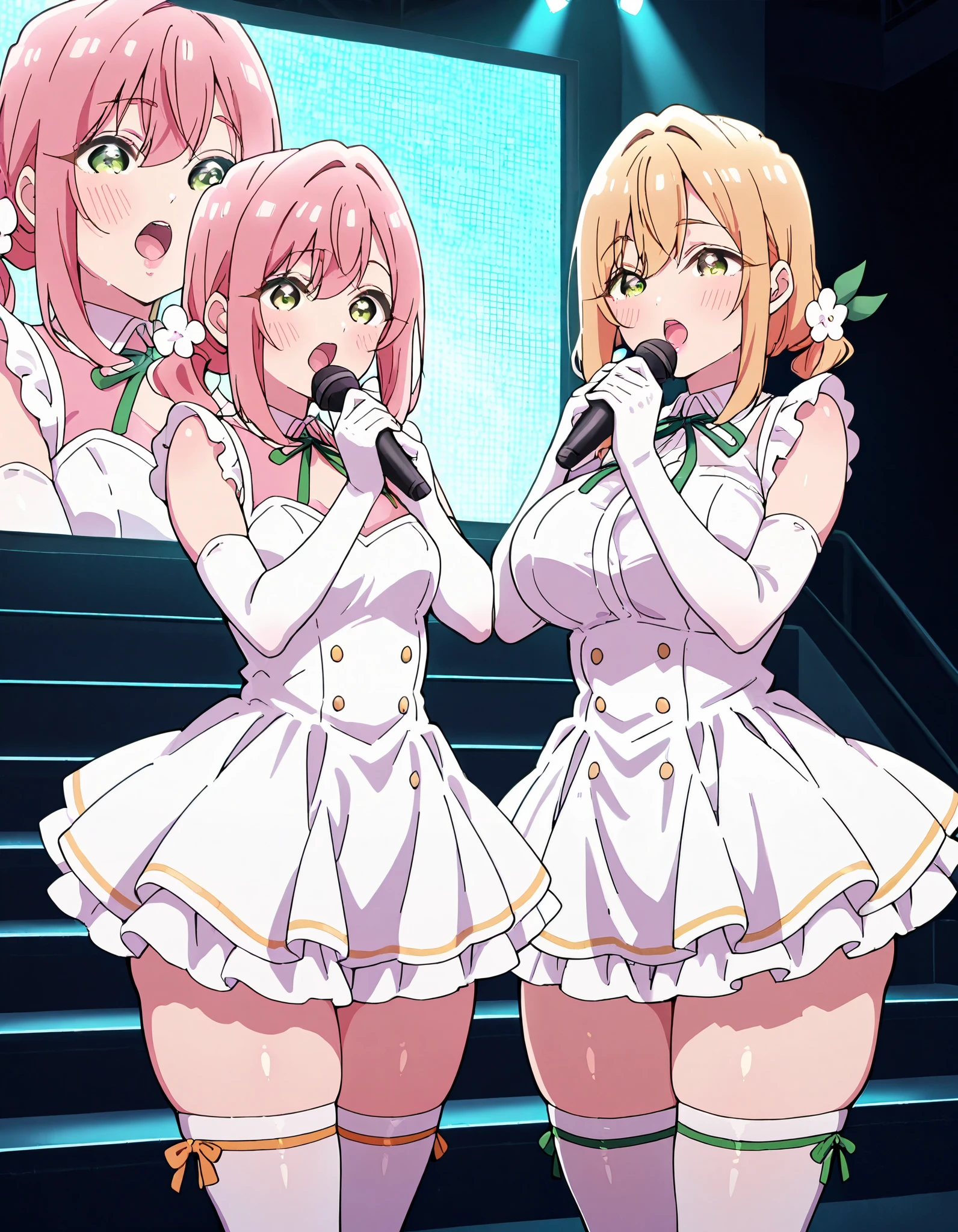 Score_9, score_8_up, score_7_up, source_anime, 2girls, Hakari Hanazono, pink hair, green eyes, hair ornament, hair flower, short hair, large breasts, thick thighs, karaneinda, yellow eyes, green ribbon, blonde hair, hair ribbon, ribbon, low twintails. small breasts, (best quality), (high quality), {masterpiece}, extremely delicate and beautiful, ultra-detailed, beautiful detailed eyes, idol, idol costume, pink and white dress, white elbow gloves, white thighhighs, orange and white dress, white elbow gloves, white thighhighs, holding microphone, on stage, screen, multi colored light, dynamic pose, singing, pink lips, open mouth