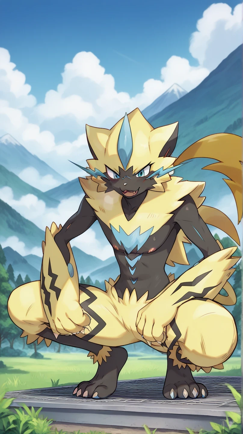 ZERAORA MALE pokemon , mountains, Sky Blue , nubes blancas , blue sky, in a forest, per day, aggressive look, full body foot skirt, squatting position, Alone, squatting pose.