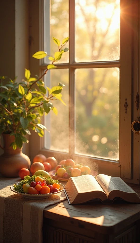 there is a book and a glass of honey next to a shoshak, a still life by Bracha L. Ettinger, pexels, renaissance, sukkot, we go, harvest, romance, fruit, summer morning, fim still, ready, well edited, fresh, beautiful, holy ceremony, battered, 3 0 s, morning detail