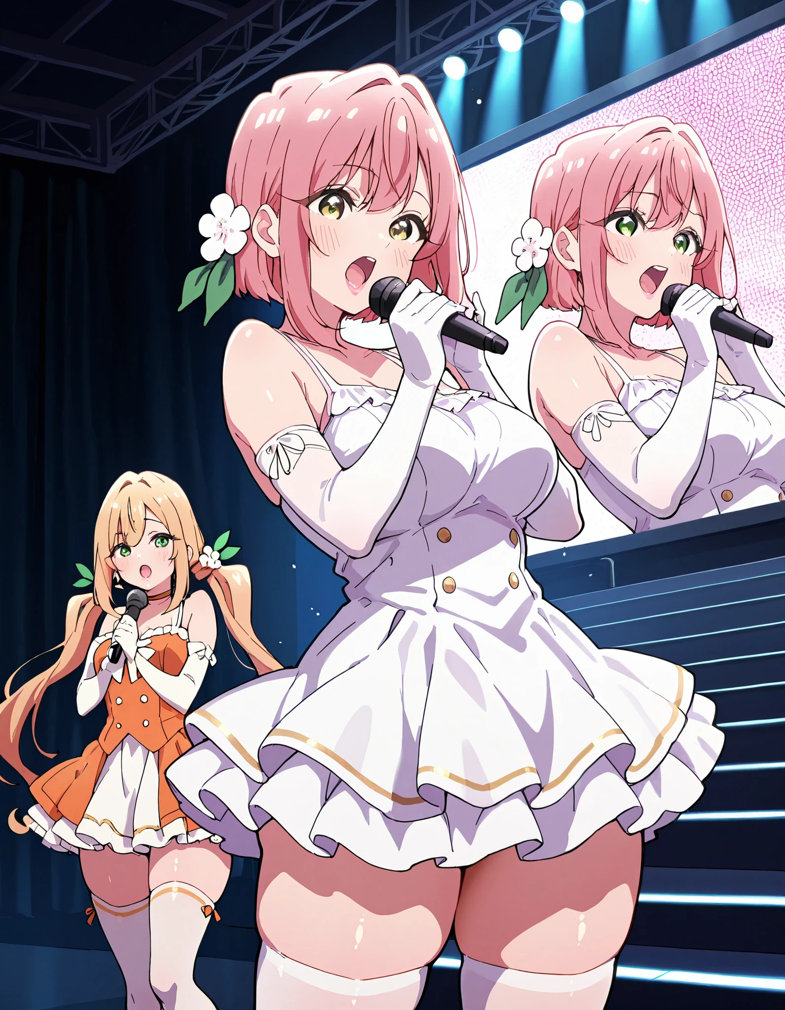 Score_9, score_8_up, score_7_up, source_anime, 2girls, Hakari Hanazono, pink hair, green eyes, hair ornament, hair flower, short hair, large breasts, thick thighs, karaneinda, yellow eyes, green ribbon, blonde hair, hair ribbon, ribbon, low twintails. small breasts, (best quality), (high quality), {masterpiece}, extremely delicate and beautiful, ultra-detailed, beautiful detailed eyes, idol, idol costume, pink and white dress, white elbow gloves, white thighhighs, orange and white dress, white elbow gloves, white thighhighs, holding microphone, on stage, screen, multi colored light, dynamic pose, singing, pink lips, open mouth