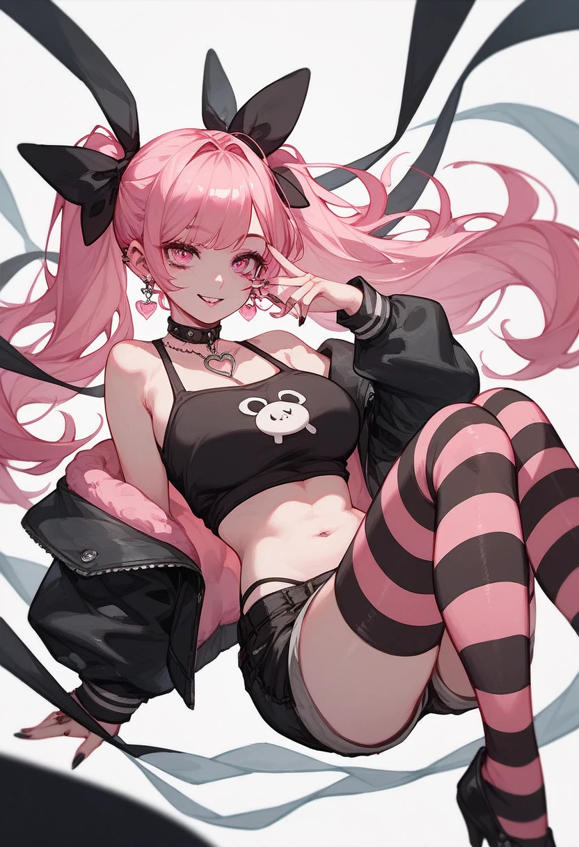 1 girl, big, pink hair, long hair, curly hair, ahoge, blunt bangs, hime cut, side ponytail, ((dark skin)), heart-shaped brown eyes, retina, half-closed eyes, fangs, bear ears, huge breasts, cleavage, thick thighs, mole, wide hips, thighhighs, short shorts, lace, ((platform boot)), seductive smile, super detail, high details, high quality, best quality, highres,